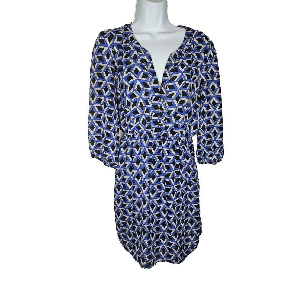 Kanvas Blue Geometric Print Dress‎ M 3/4 Sleeve Teacher Style Boho Modern
